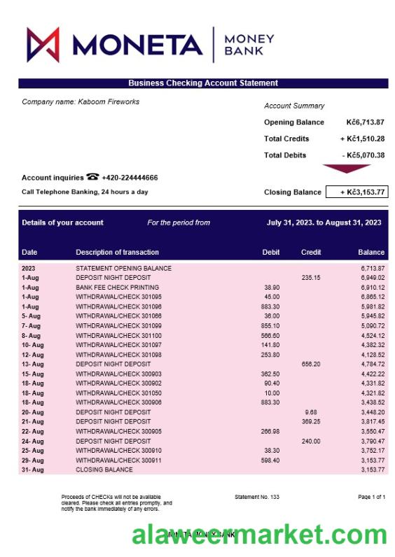 Moneta Money Bank firm account statement Word and PDF template